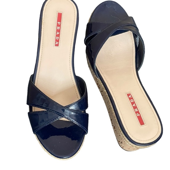 Prada Shoes - PRADA Platform Cork Wedge
Navy Blue Patent Leather
Sandals Sz EU 37.5 US 7.5